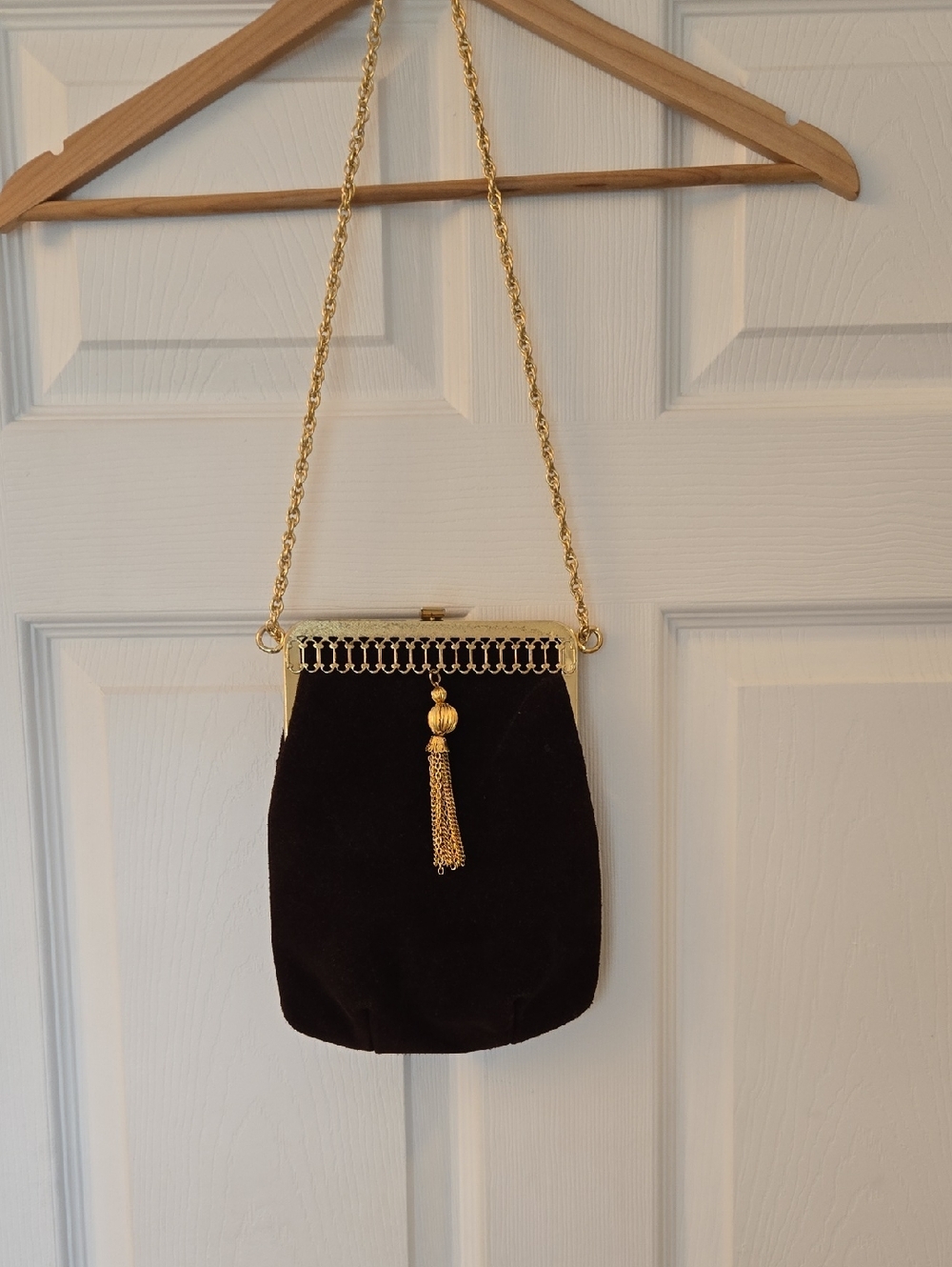 Vintage Chocolate Brown Velvet Evening Bag with Gold Chain and Tassel